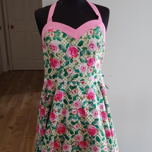 NWT Vivacious Vixen Apparel Pinup Pink and Green Rose Halter Dress Retro Floral - Picture 1 of 7